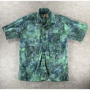 Johari West Shirt Mens M Green Abstract Tribal Button Up Short Sleeve Cotton